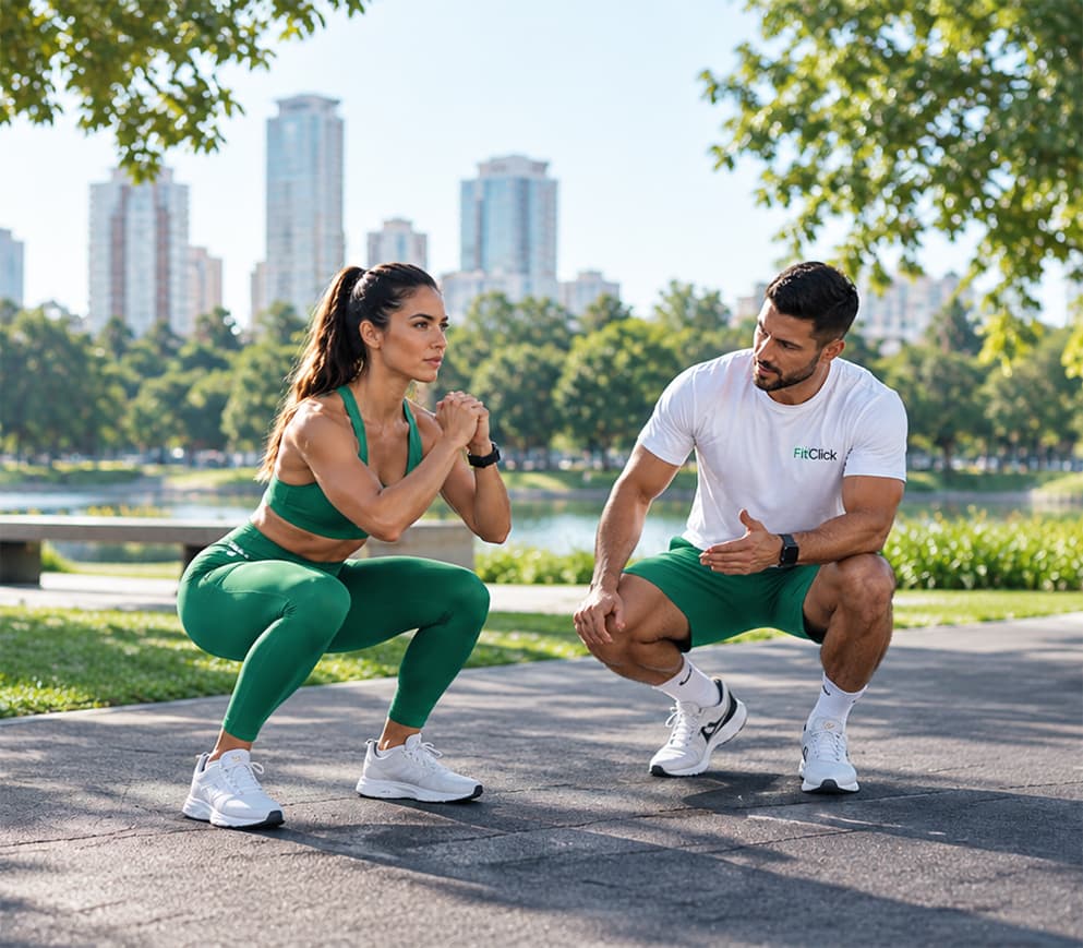 Personal trainer acompanhando o agachamento de uma aluna em um parque
